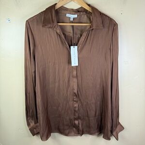 NWT‎ Maison D'Amelie Paris XL Dark Brown Flowy Button Down Dress Shirt Career